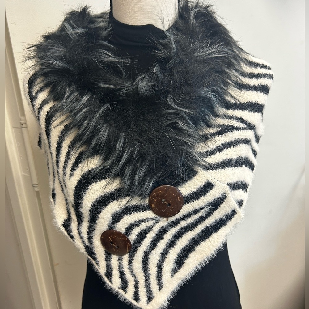 Zebra Pattern Faux Fur Chenille Triangle Tube Scarf with Button Accents